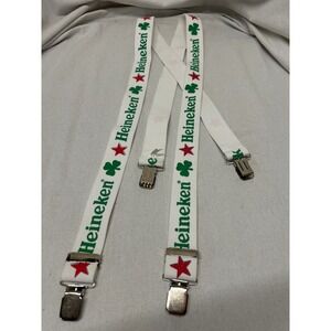 Heineken Beer Suspenders White Green Shamrock Red Star Adjustable Clip On X-Back